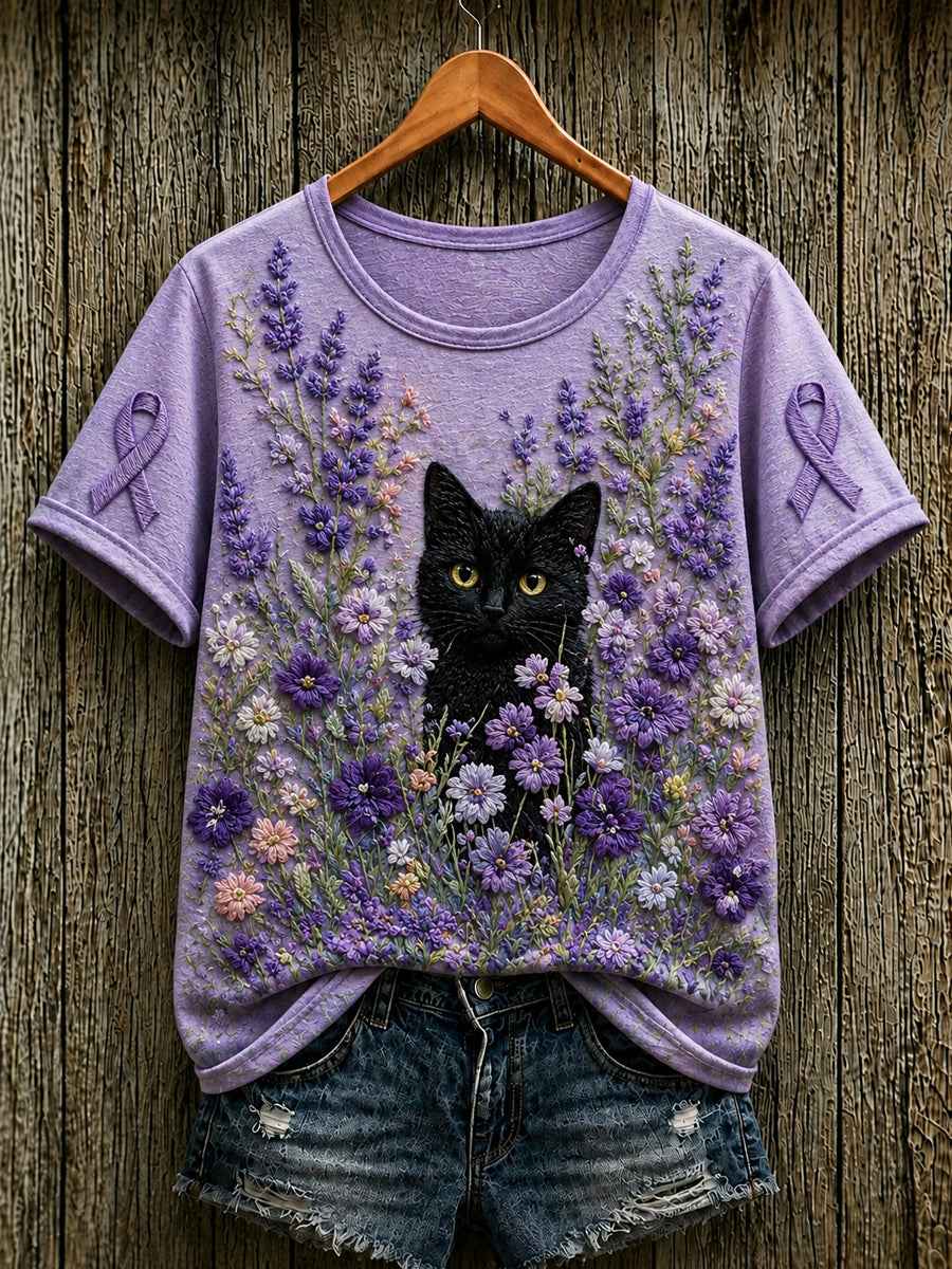 Women's Alzheimer's Awareness Support Purple Floral & Cat Print Short-sleeved T-shirt
