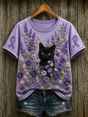 Women's Alzheimer's Awareness Support Purple Floral & Cat Print Short-sleeved T-shirt