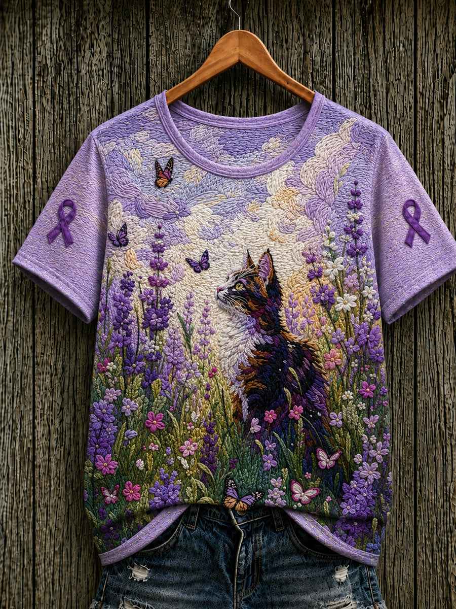 Women's Alzheimer's Awareness Support Purple Floral & Cat Print Short-sleeved T-shirt