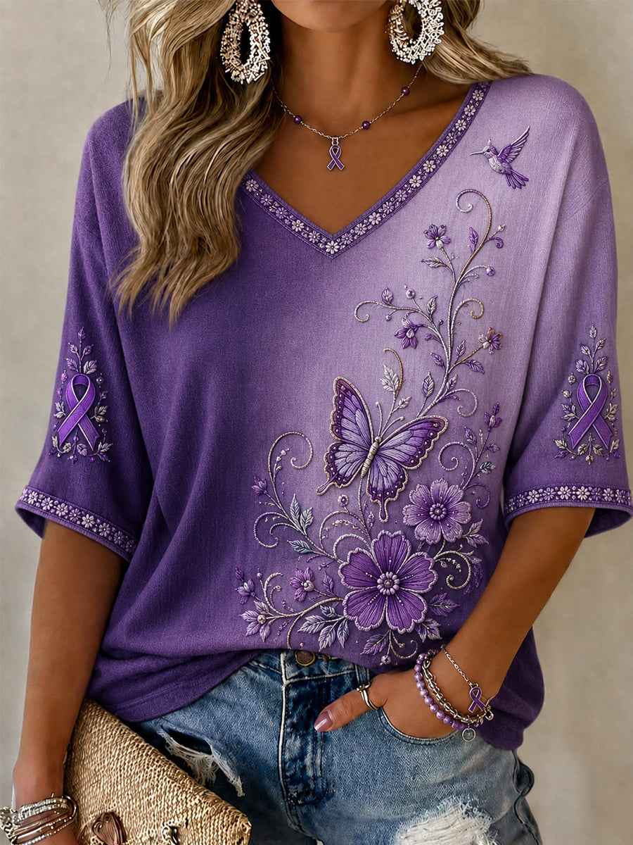 Women's Purple Floral & Butterfly Print Alzheimer's Awareness Support Half-Sleeves V-Neck T-Shirt
