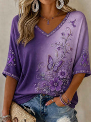 Women's Purple Floral & Butterfly Print Alzheimer's Awareness Support Half-Sleeves V-Neck T-Shirt