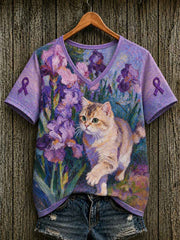 Women's Alzheimer's Awareness Support Purple Floral & Cat Print Short-sleeved T-shirt