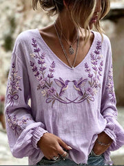 Women's Purple Flora Art Print Cotton-Linen Shirt