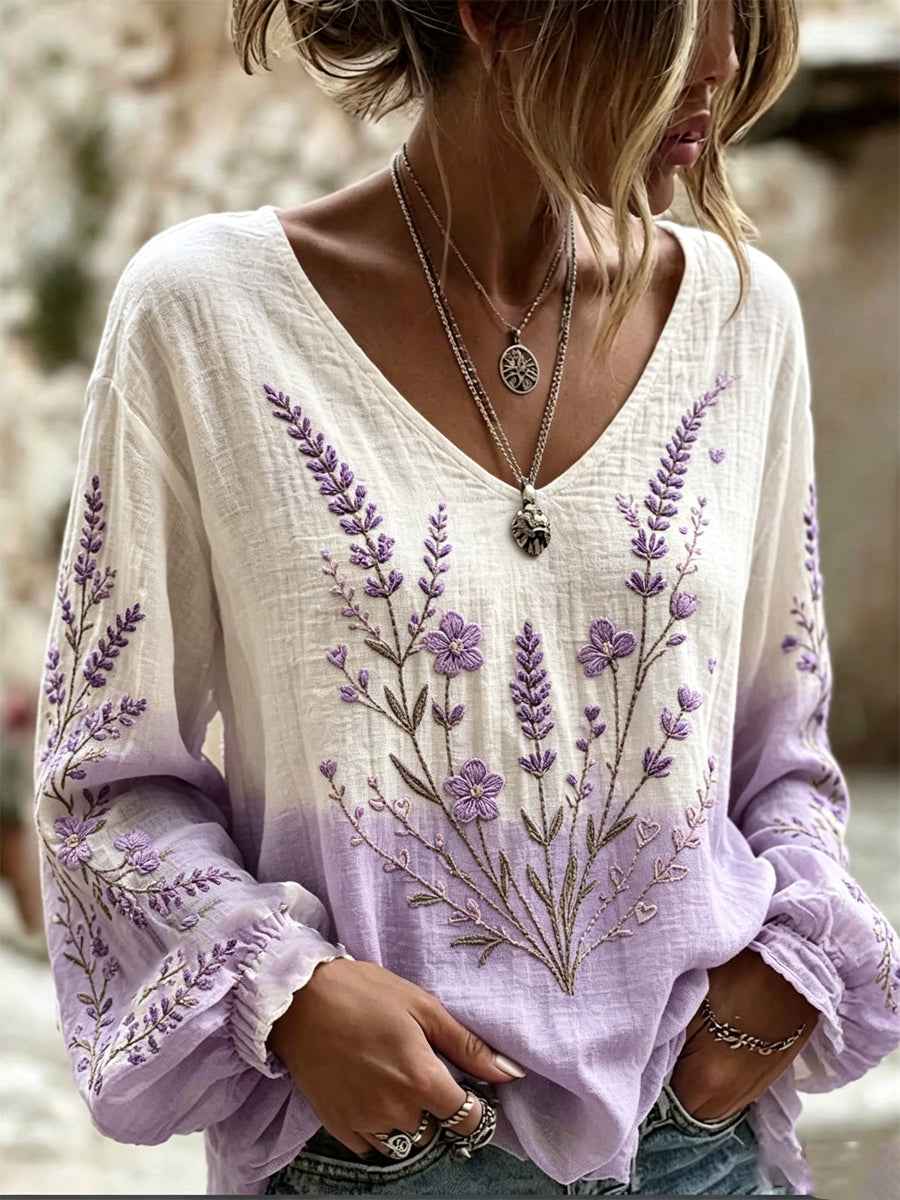 Women's Purple Flora Art Print Cotton-Linen Shirt