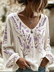 Women's Purple Flora Art Print Cotton-Linen Shirt
