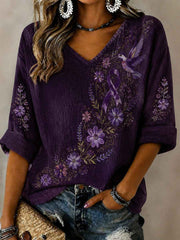 Women's Purple Flora Art Print Casual T-shirt