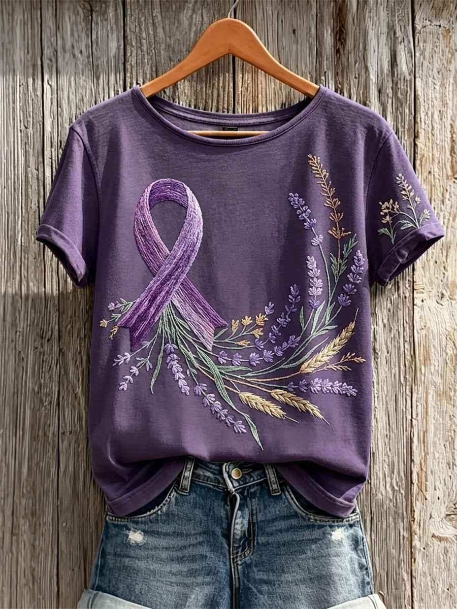 Women's Purple Ribbon Art Floral Print Short-sleeved T-shirt