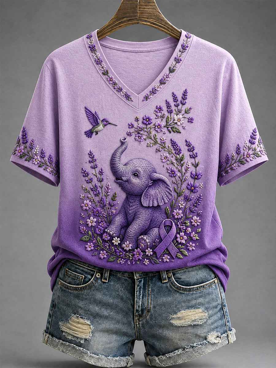 Women's Purple Floral & Elephant Print Alzheimer's Awareness Support V-Neck Tee
