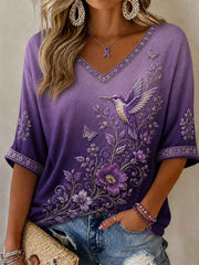 Women's Purple Floral & Hummingbird Print Alzheimer's Awareness Support Half-Sleeves V-Neck T-Shirt