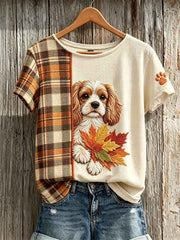 Women's Peeking King Charles Dog with Maple Leaves Fall Plaid Contrast Print short-sleeved T-shirt