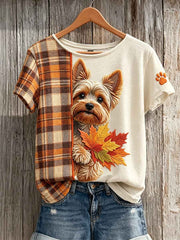 Women's Peeking Yorkshire Terrier Dog with Maple Leaves Fall Plaid Contrast Print short-sleeved T-shirt
