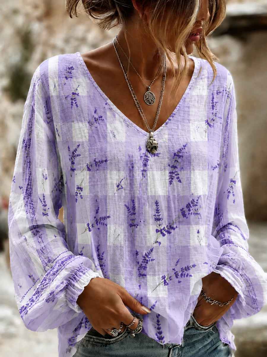 Women's Purple Flora Art Print Cotton-Linen Shirt