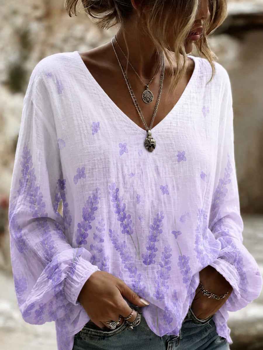 Women's Purple Flora Art Print Cotton-Linen Shirt