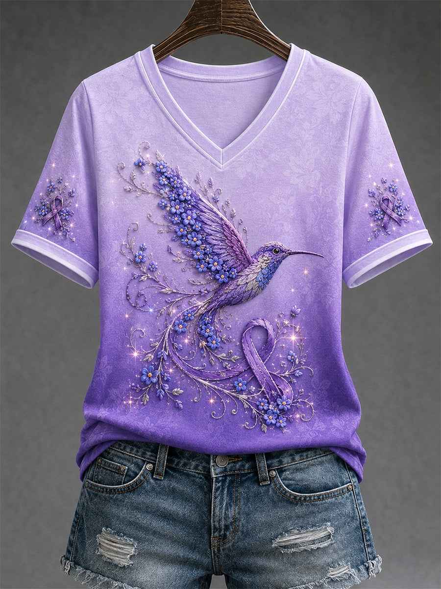Women's Purple Floral & Hummingbird Print Alzheimer's Awareness Support V-Neck Tee