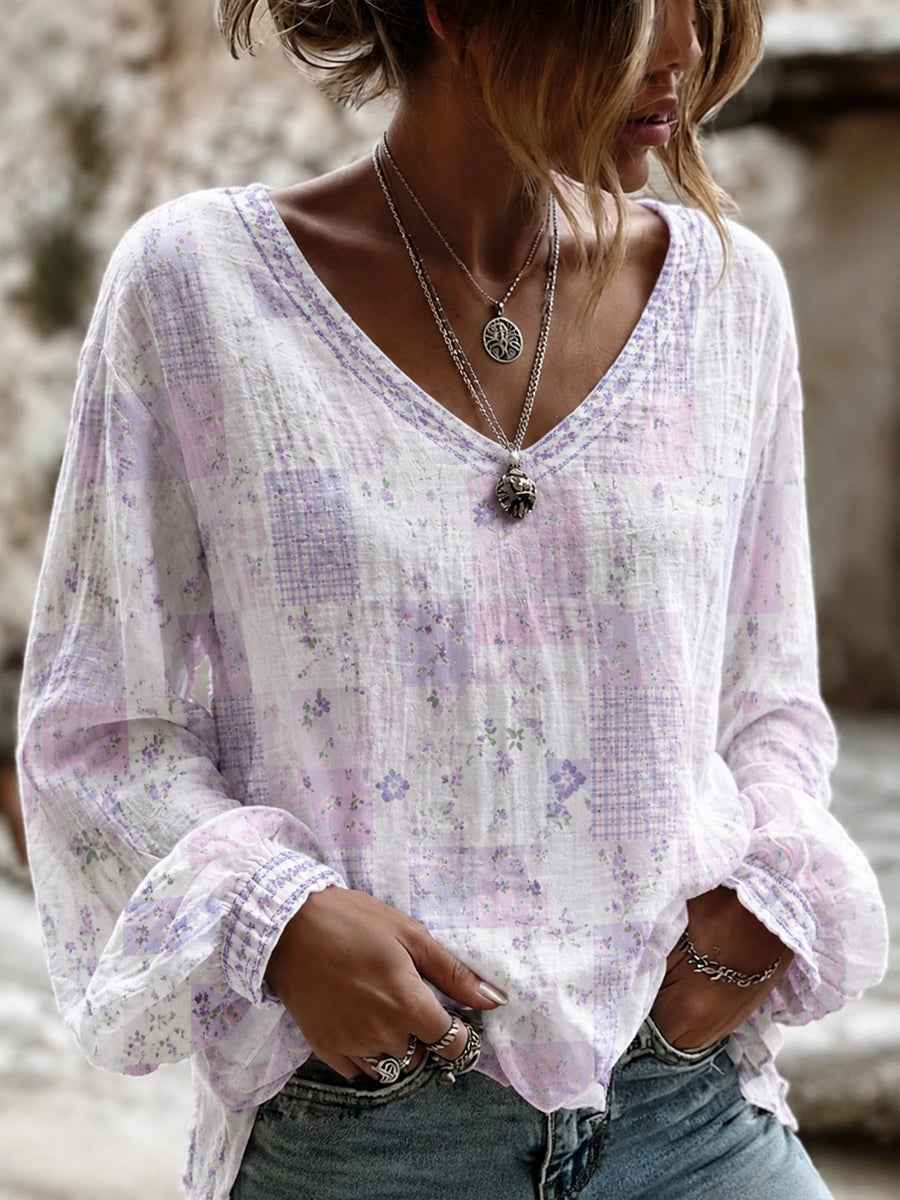 Women's Purple Flora Art Print Cotton-Linen Shirt