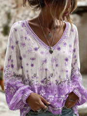 Women's Purple Flora Art Print Cotton-Linen Shirt