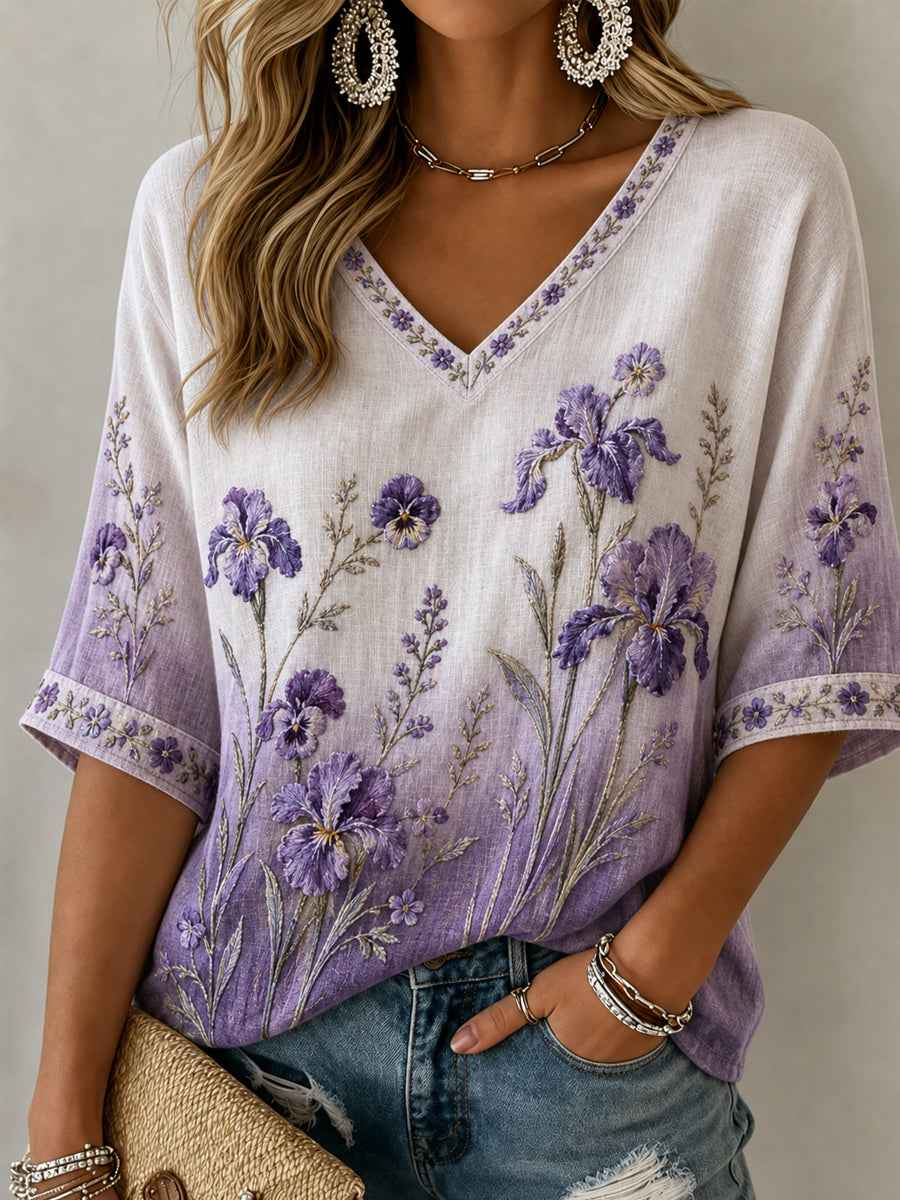 Women's Purple Floral Art Print Alzheimer's Awareness Support Linen V-Neck Shirt