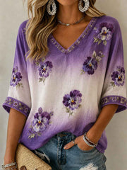 Women's Purple Floral Art Print Alzheimer's Awareness Support Linen V-Neck Shirt