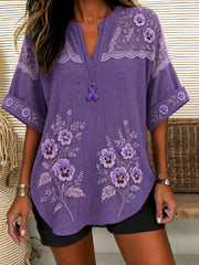 Purple Floral Art Print Alzheimer's Awareness Support Linen Shirt