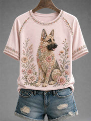 Women's Floral Dog Print Casual Tee