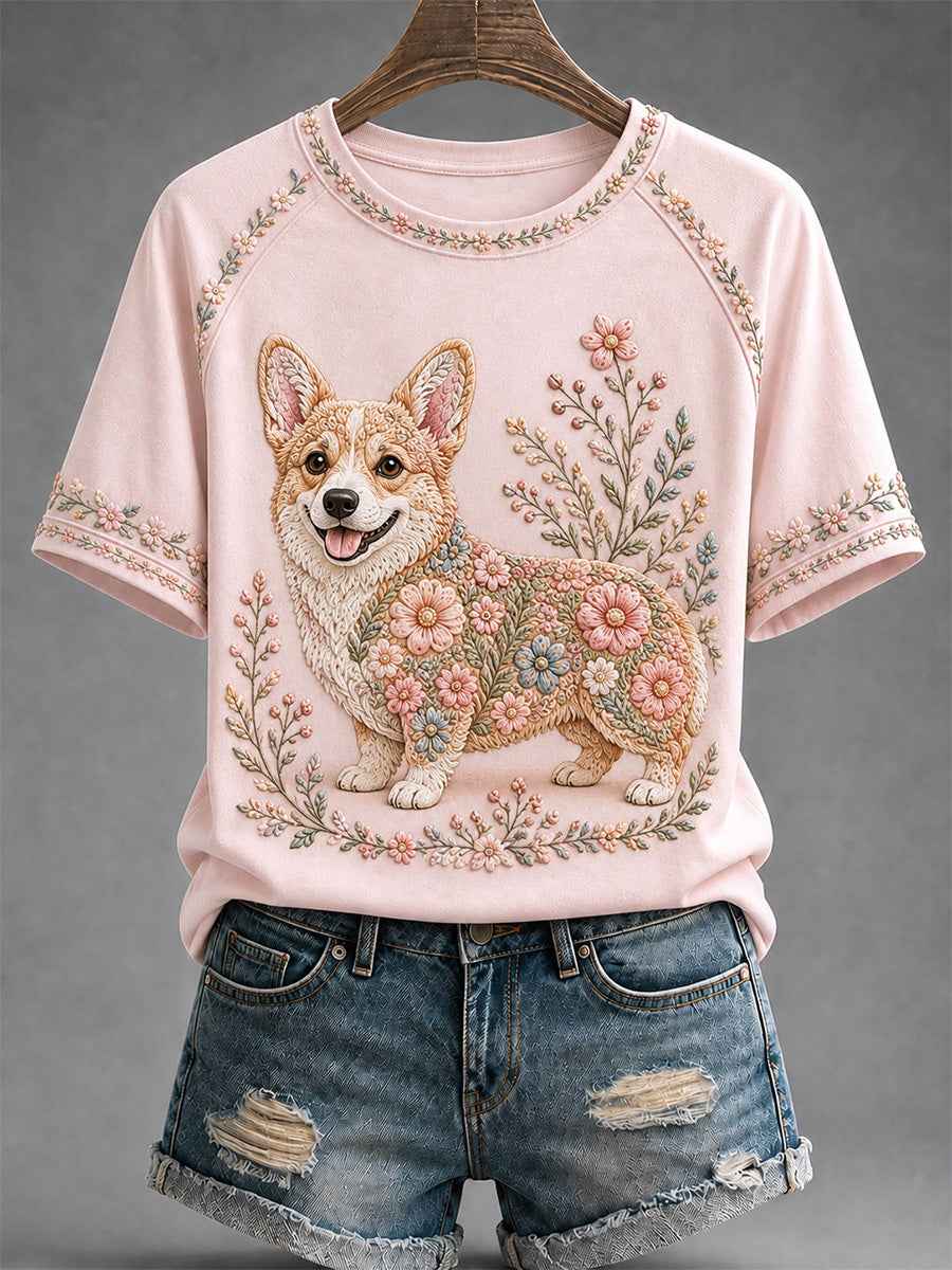 Women's Floral Dog Print Casual Tee