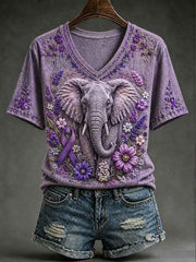 Women's Alzheimer's Awareness Flower Elephant Short-sleeved T-shirt
