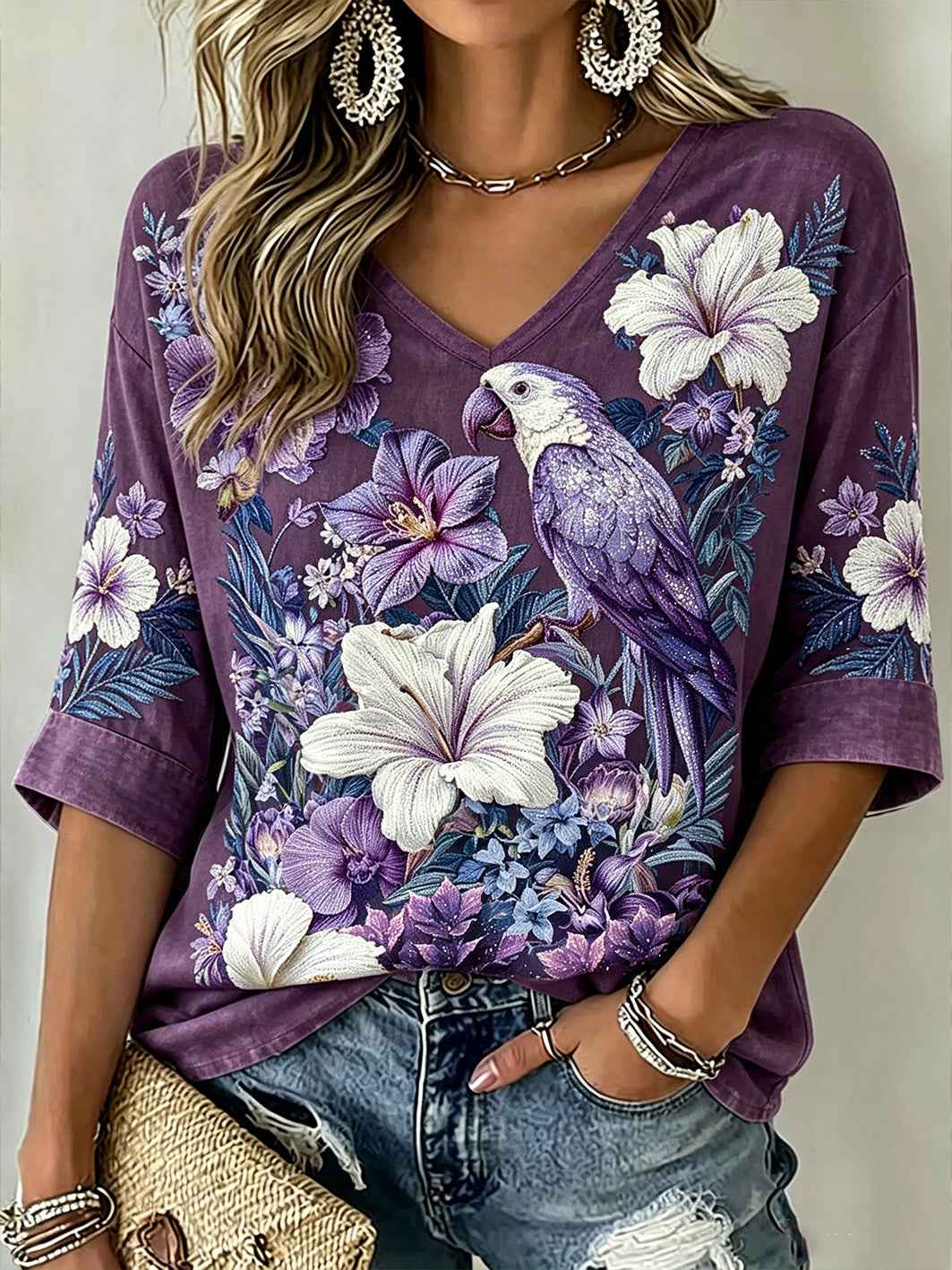 Women's purple floral and bird pattern printed casual linen short-sleeved T-shirt