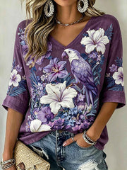 Women's purple floral and bird pattern printed casual linen short-sleeved T-shirt