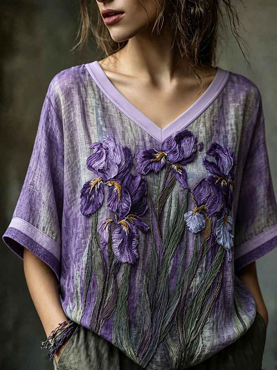 Women's Alzheimer's Awareness Flower Mid-length Sleeves V-Neck T-Shirt