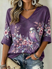 Women's purple floral and bird pattern printed casual linen short-sleeved T-shirt