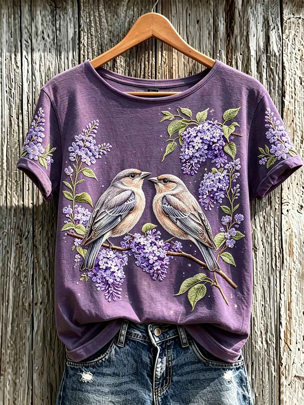 Women's purple flowers pattern printed causal short-sleeved T-shirt
