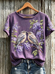 Women's purple flowers pattern printed causal short-sleeved T-shirt