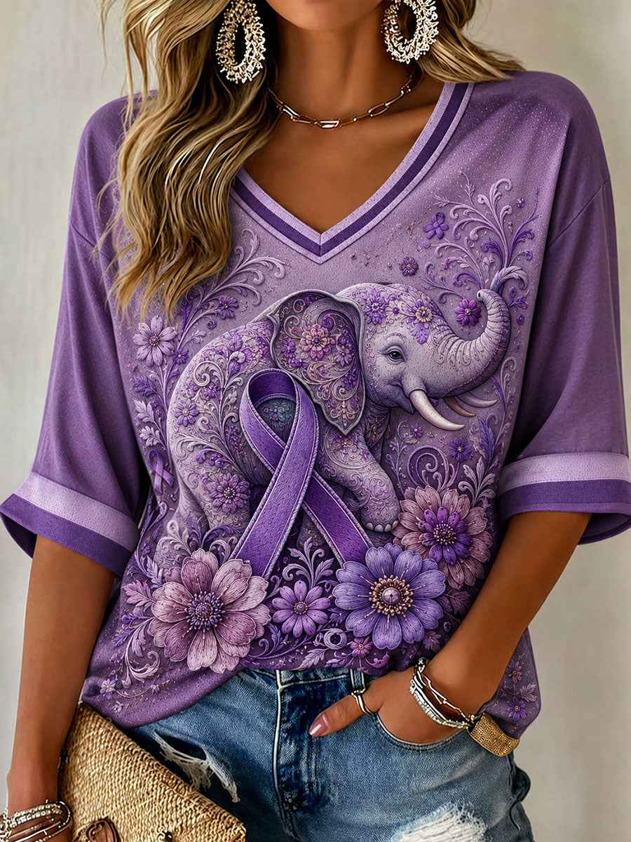 Women's Alzheimer's Awareness Flower Elephant Mid-length Sleeves V-Neck T-Shirt