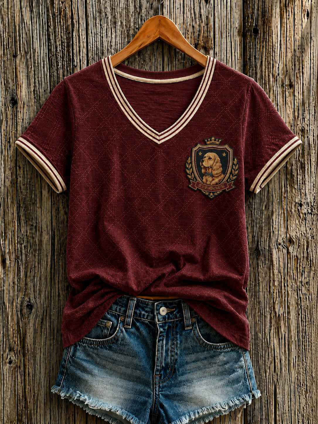 Women's British Cartoon Dog Printed V-neck T-shirt
