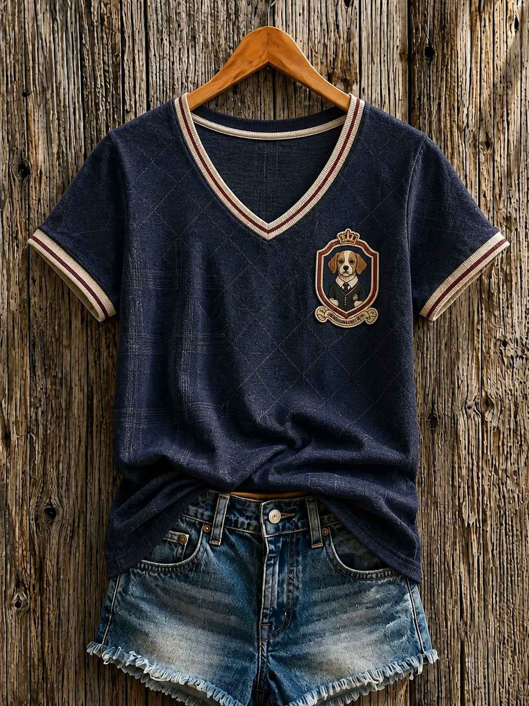 Women's British Cartoon Dog Printed V-neck T-shirt