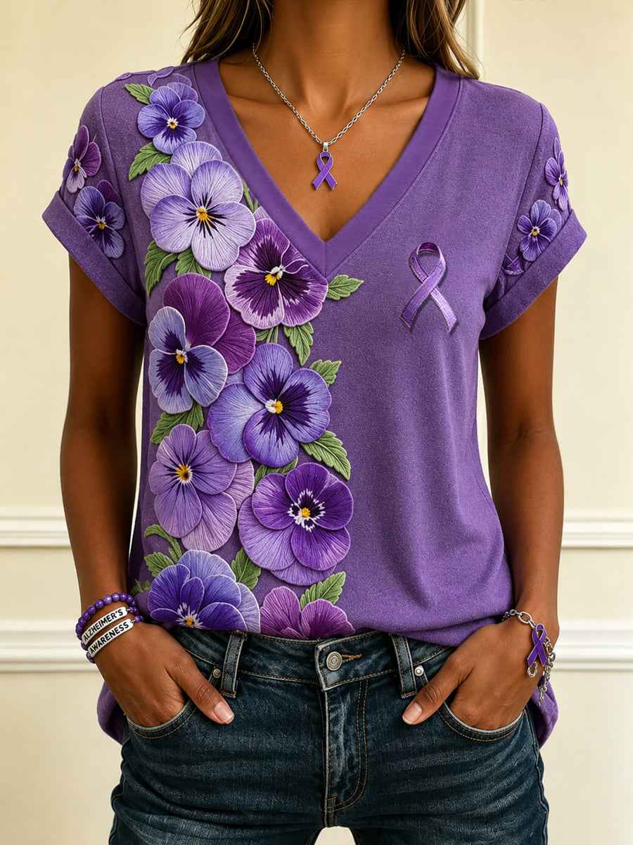 Women's Purple Ribbon Floral Print Alzheimer's Awareness Support V-Neck Tee
