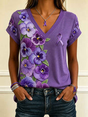 Women's Purple Ribbon Floral Print Alzheimer's Awareness Support V-Neck Tee