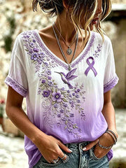 Women's Purple Floral & Hummingbird Print Alzheimer's Awareness Support V-Neck Shirt