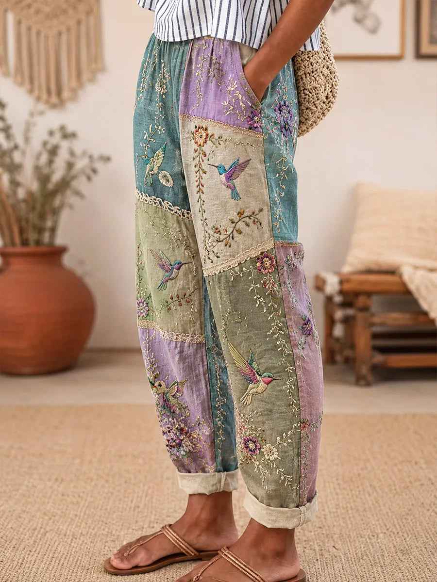 Women's Purple Floral & Hummingbird Print Pants
