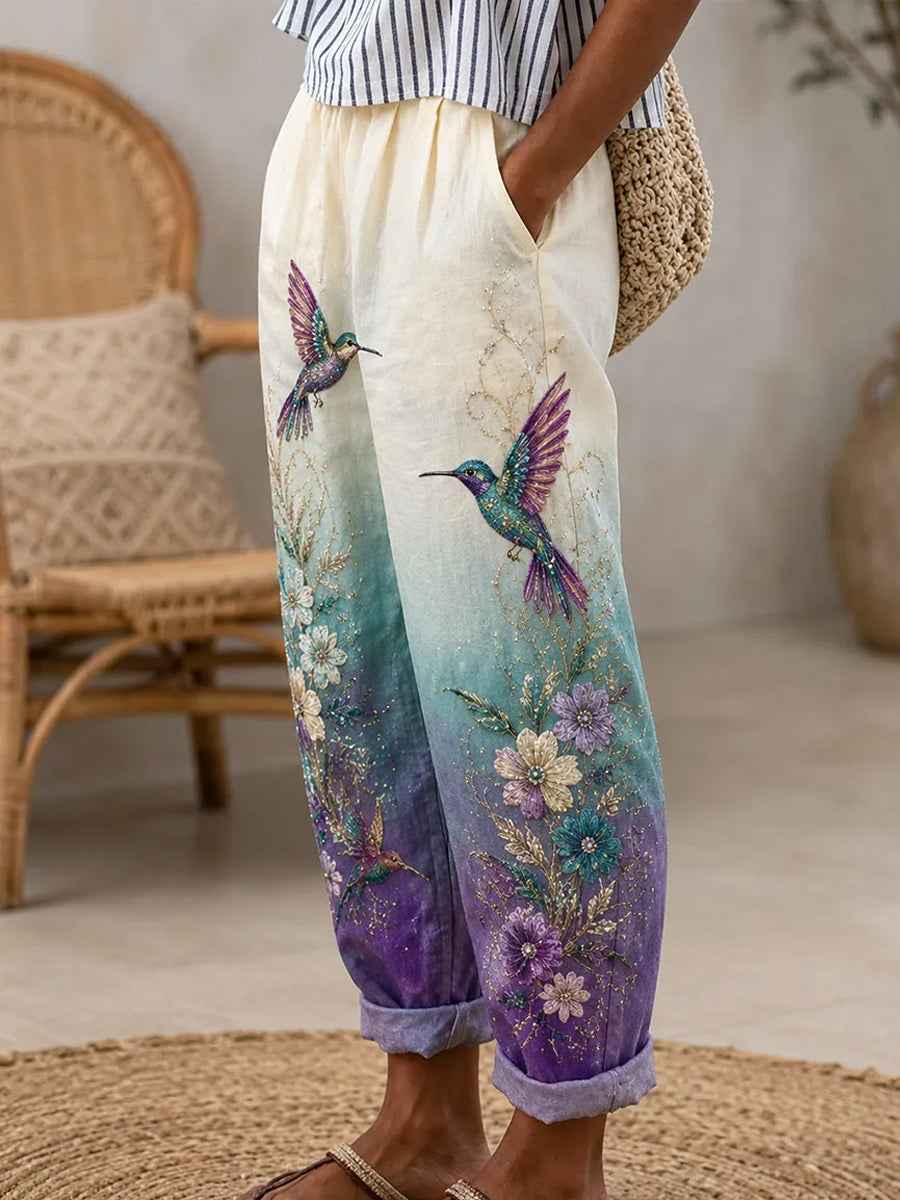 Women's Purple Floral & Hummingbird Print Pants