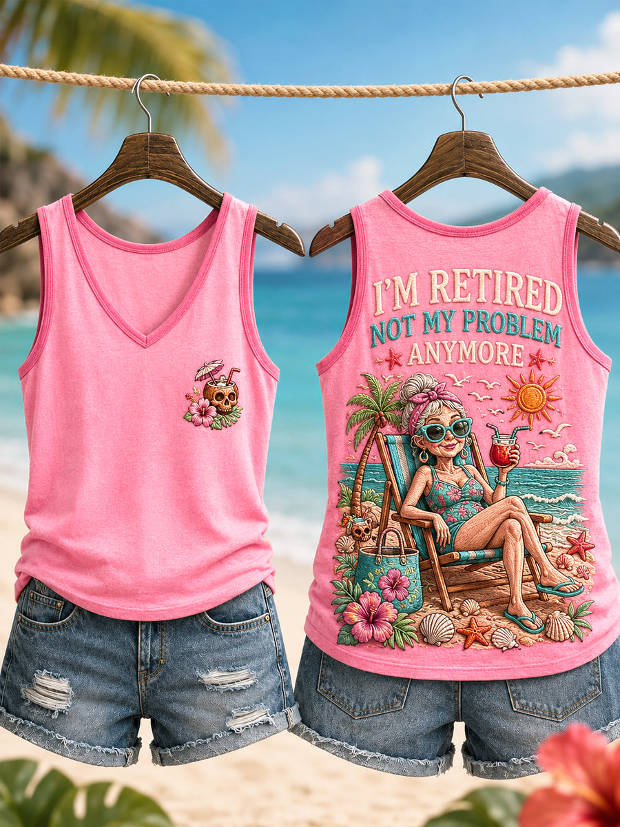 Women's Funny I'm Retired Not My Problem Anymore Skeleton Print Casual Vest gracestitchs