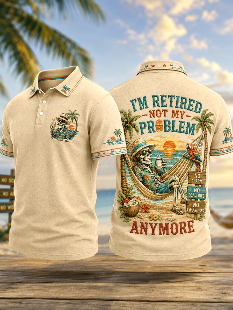 Men's Funny I'm Retired Not My Problem Anymore Skeleton Print Casual Polo gracestitchs