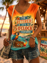 Women's I'm Retired It's 5 O'clock Everywhere Parrot Print Casual V-Neck Vest gracestitchs