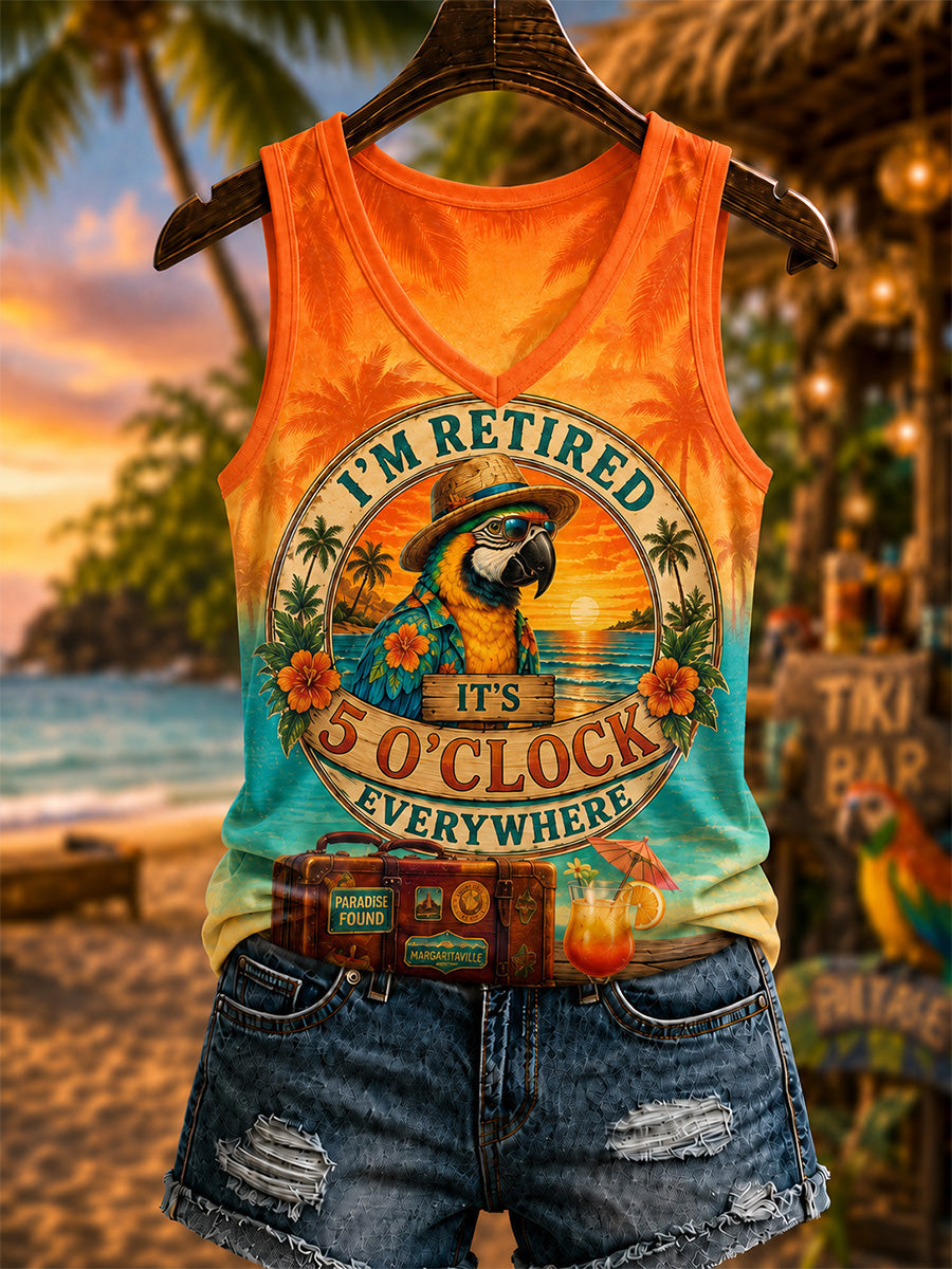 Women's I'm Retired It's 5 O'clock Everywhere Parrot Print Casual V-Neck Vest gracestitchs