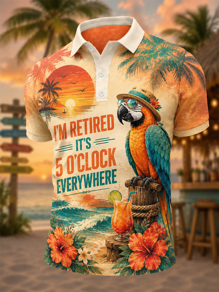 Men's I'm Retired It's 5 O'clock Everywhere Parrot Print Casual Polo gracestitchs