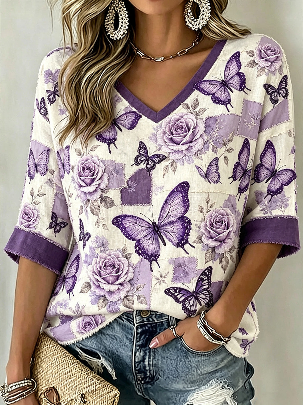 Women's Butterfly and Flower Pattern Printed Linen Casual Short Sleeves T-Shirt gracestitchs