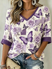 Women's Butterfly and Flower Pattern Printed Linen Casual Short Sleeves T-Shirt gracestitchs