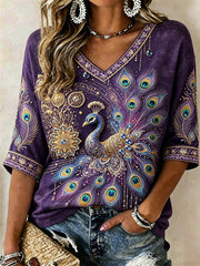 Women's Classy Purple Peacock Floral Glitter Print Mid-length Sleeves V-Neck T-Shirt gracestitchs