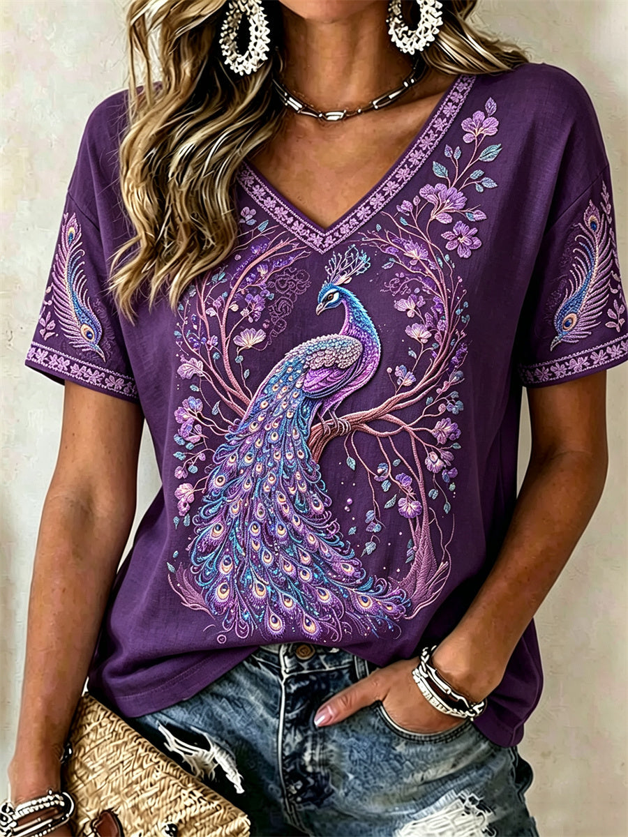 Women's Classy Purple Peacock Floral Glitter Print short-sleeved T-shirt gracestitchs