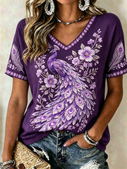 Women's Classy Purple Peacock Floral Glitter Print short-sleeved T-shirt gracestitchs